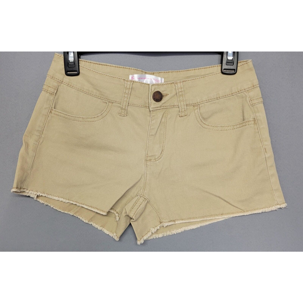 NOBO No Boundaries Shorts Womens Juniors 7 Tan Frayed Denim Pockets Flat Front